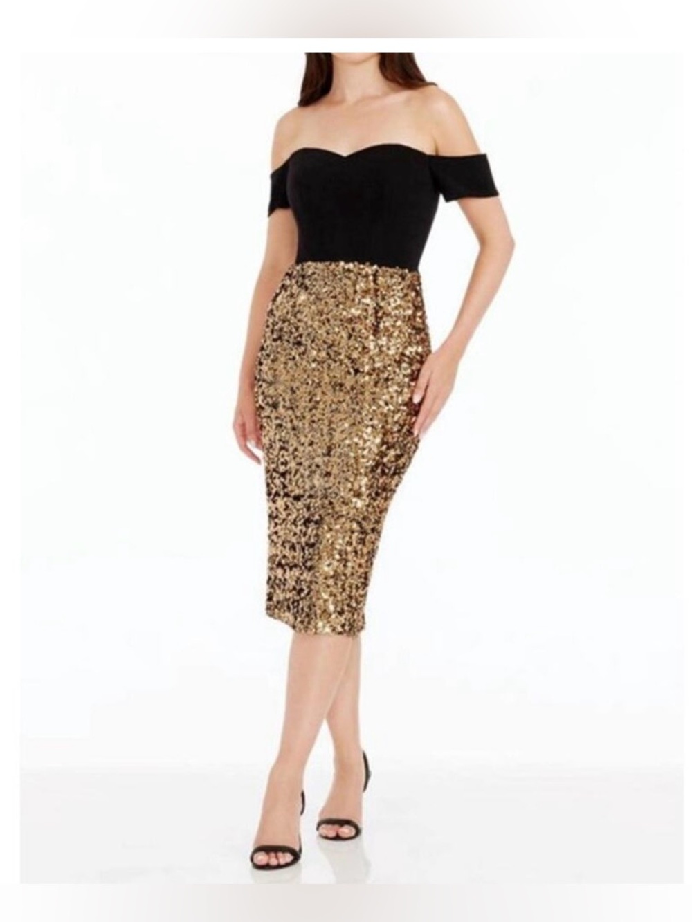 Dress the Population | Bailey Sequin Midi Dress Off Shoulder Black Gold Small